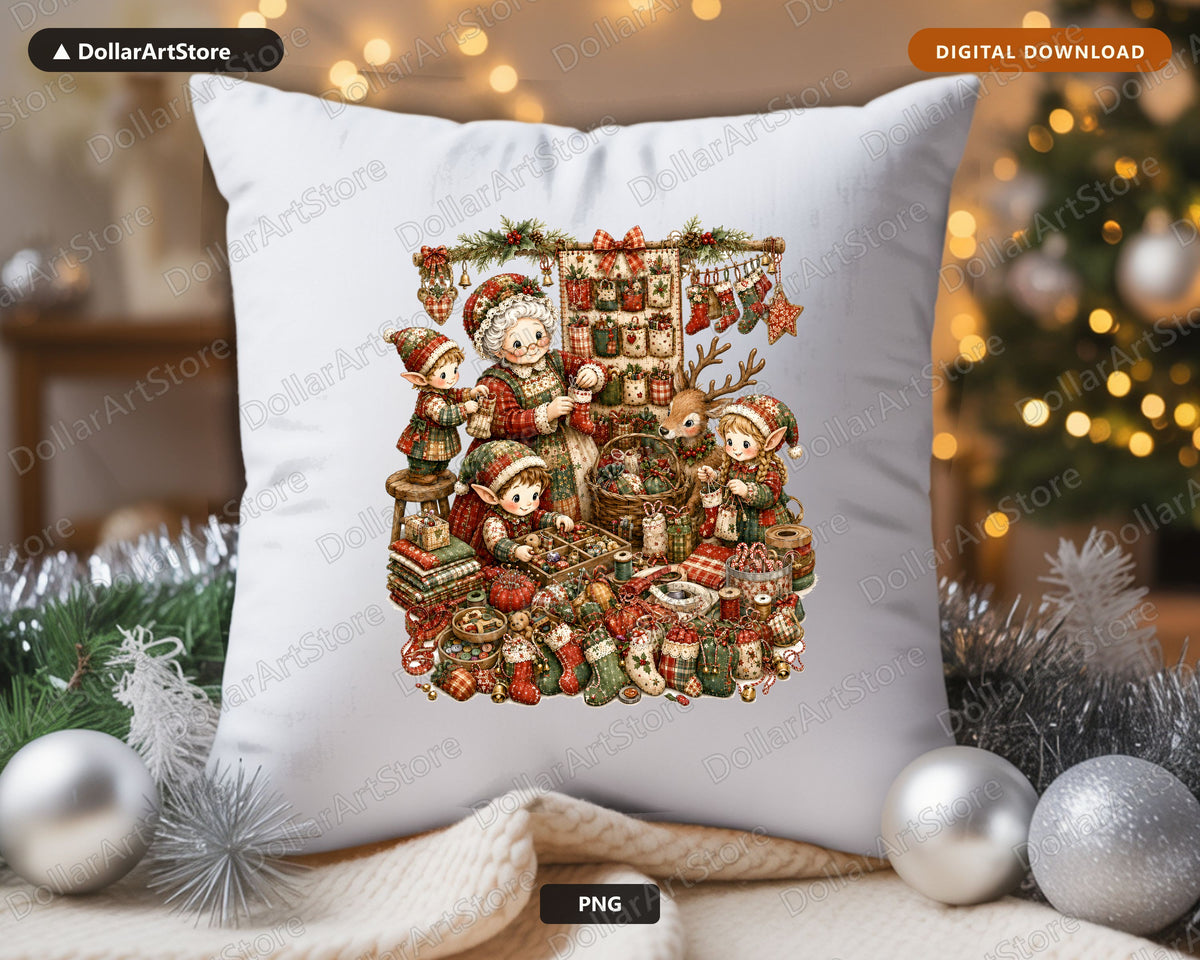 Santa Patchwork PNG, Vintage Christmas Elves, Sublimation Design Digital Download
