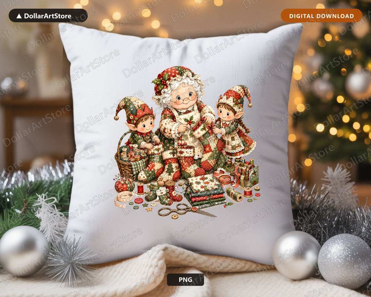 Santa Patchwork PNG Sublimation Design, Vintage Elf Christmas Shirt Design