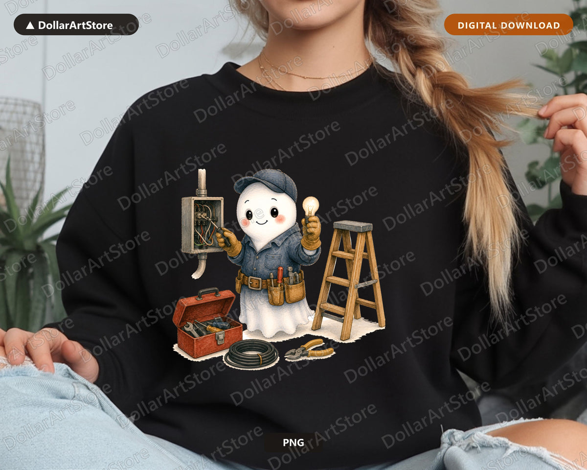 Electrician Ghost PNG, Cute Worker Character Sublimation Design Digital Download