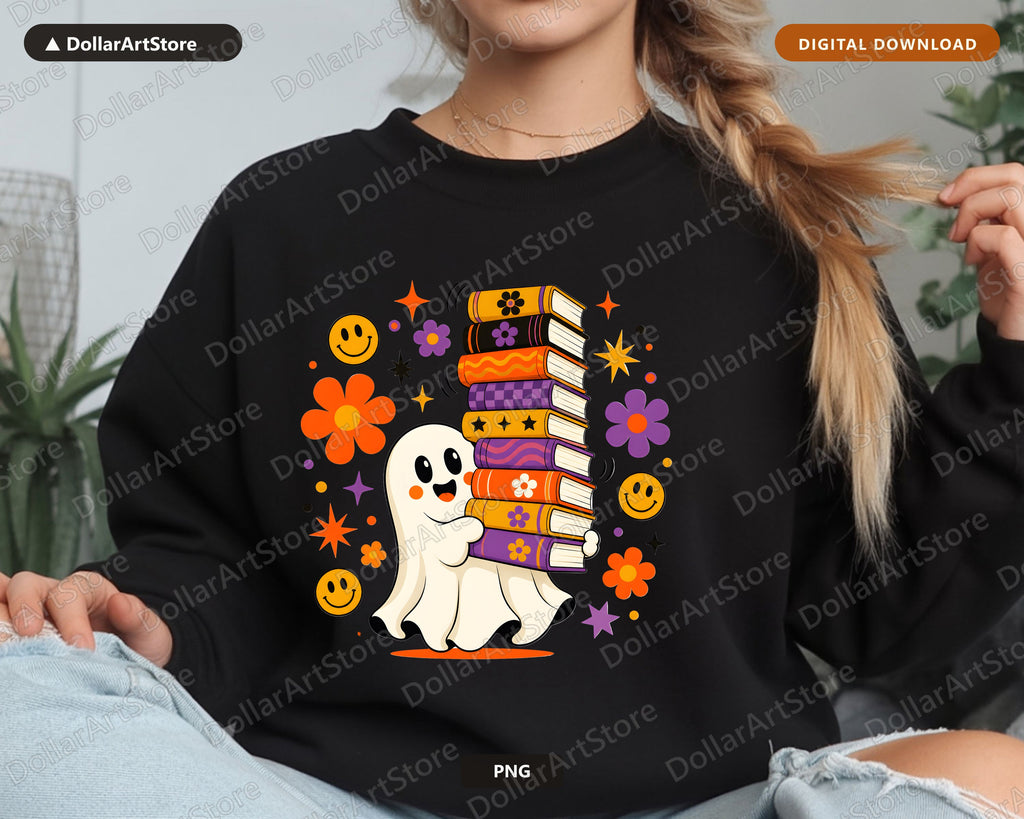 Bookish Ghost PNG, Retro Sublimation Design, Groovy Shirt Design Digital Download