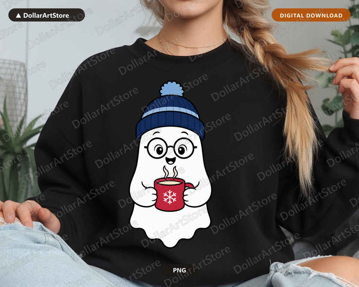 Cozy Ghost PNG, Winter Hot Cocoa Design, Sublimation Shirt Print Download
