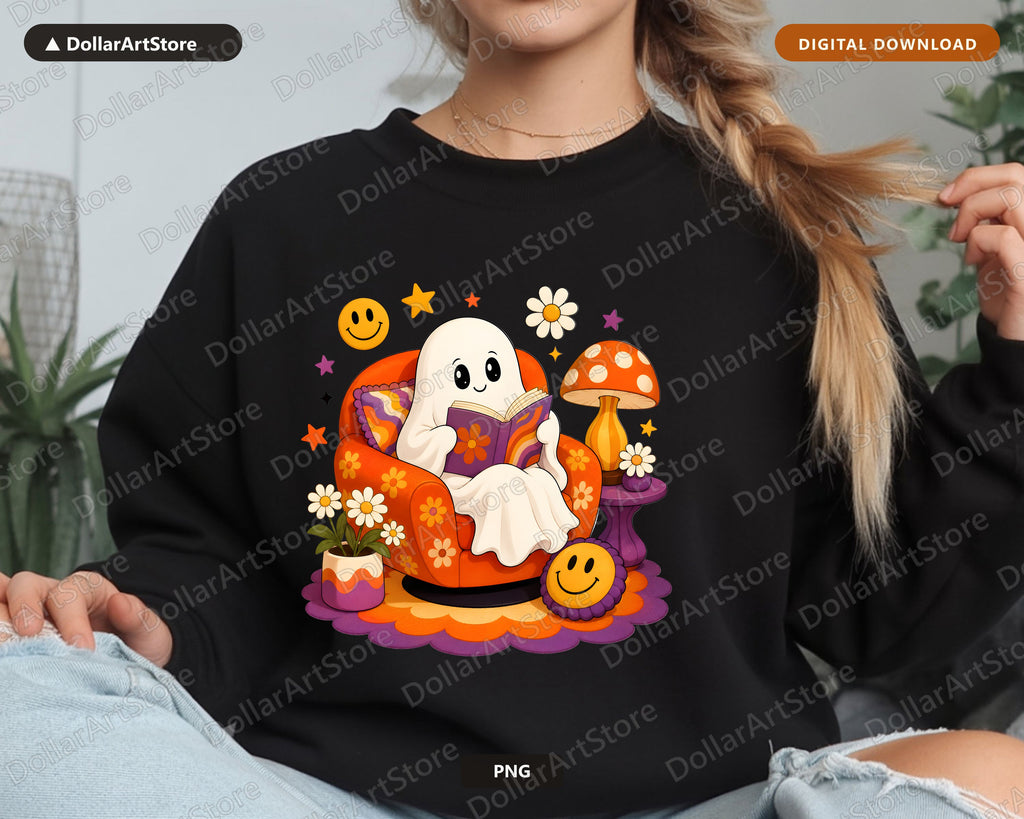 Bookish Ghost PNG, Retro Reading Design, Halloween Shirt Digital Download