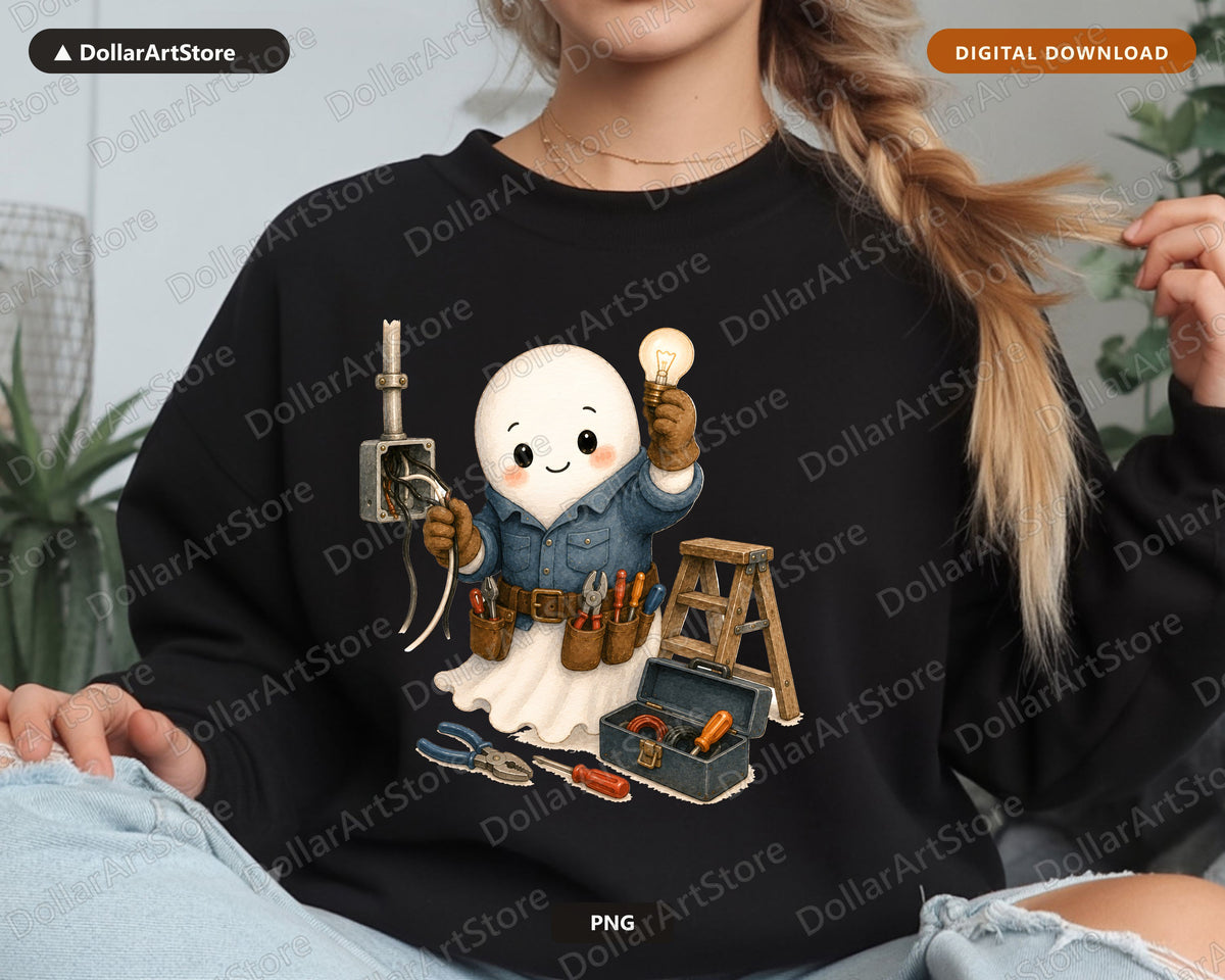 Cute Ghost Electrician PNG, Sublimation Design, Shirt Print Digital Download