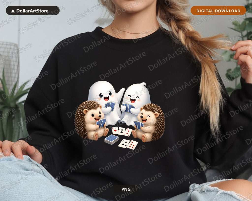 Cute Halloween Ghost & Hedgehog PNG, Game Night Sublimation Design, Digital Download