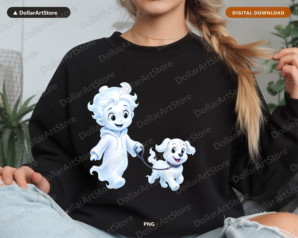 Cute Halloween Ghost PNG, Friendly Ghost with Dog Sublimation Design
