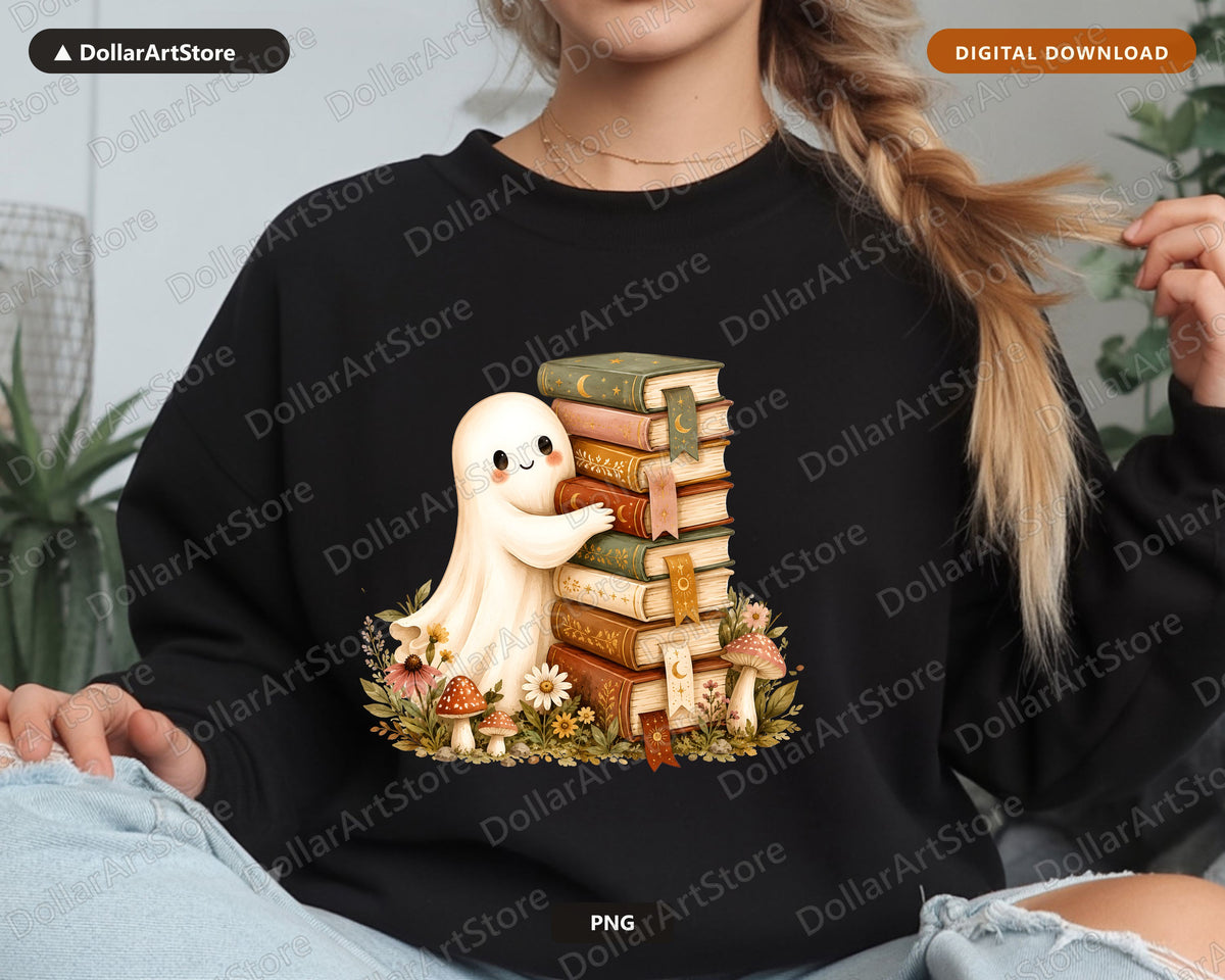 Bookish Ghost PNG, Whimsical Library Design, Sublimation Download