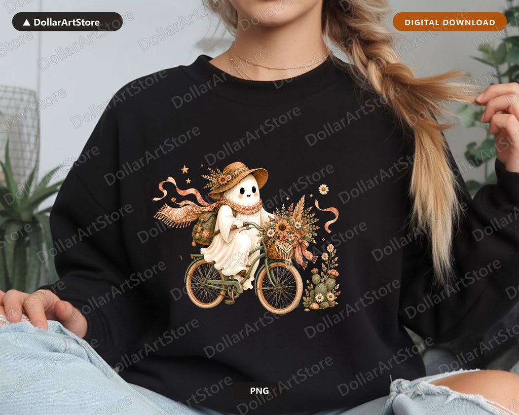 Boho Ghost PNG, Bicycle Sublimation Design, Autumn Shirt Design Digital Download