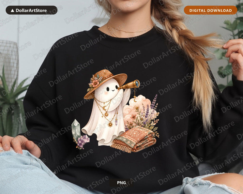 Boho Ghost PNG Sublimation Design, Autumn Celestial Shirt Design Download