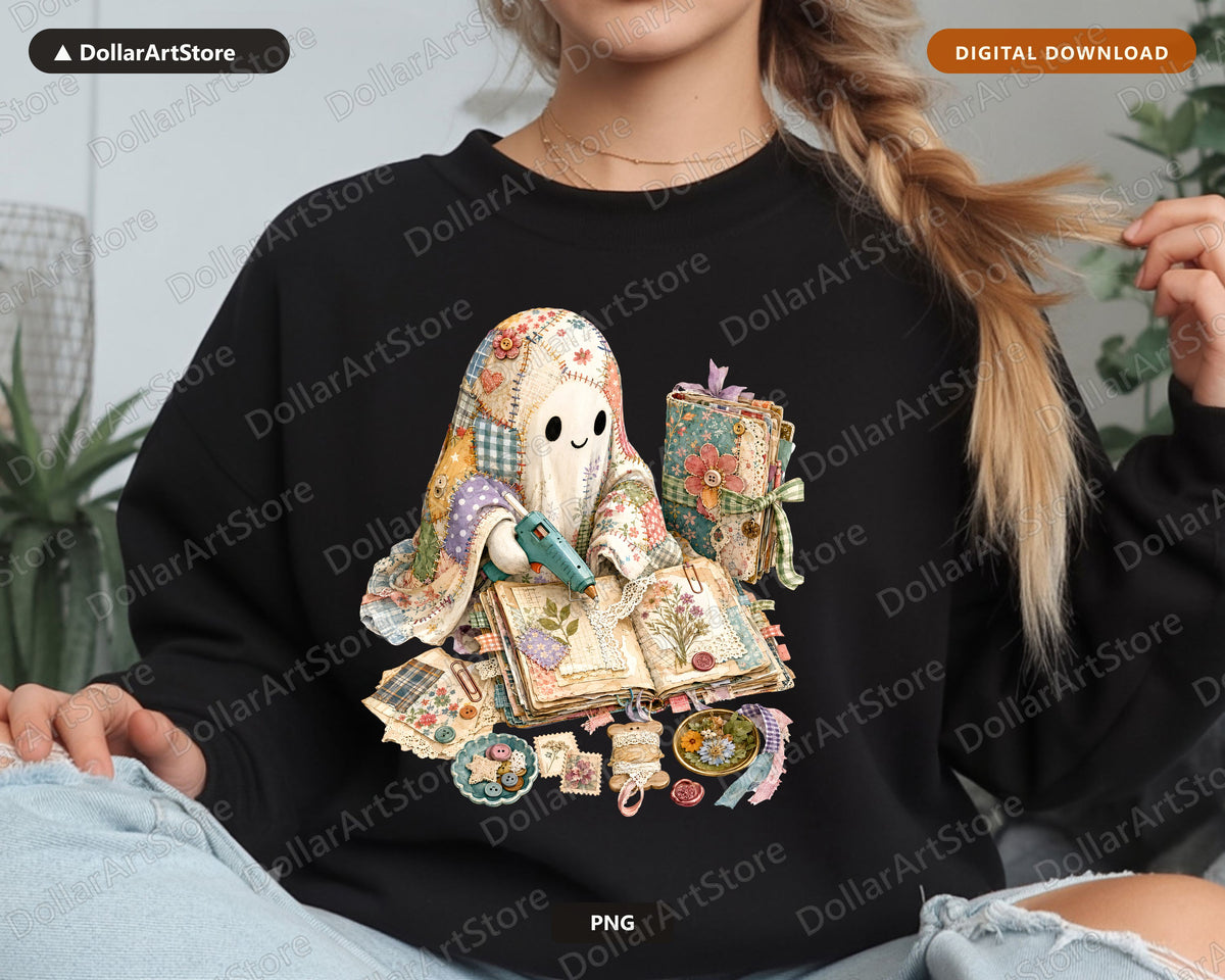 Crafting Ghost PNG, Cottagecore Scrapbook Design, Sublimation Shirt PNG Digital Download