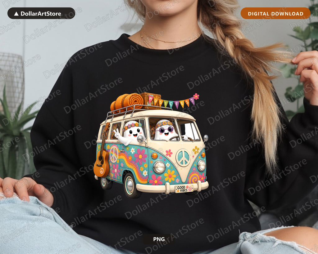Retro Hippie Van PNG, Cute Ghost Characters, Sublimation Design Digital Download