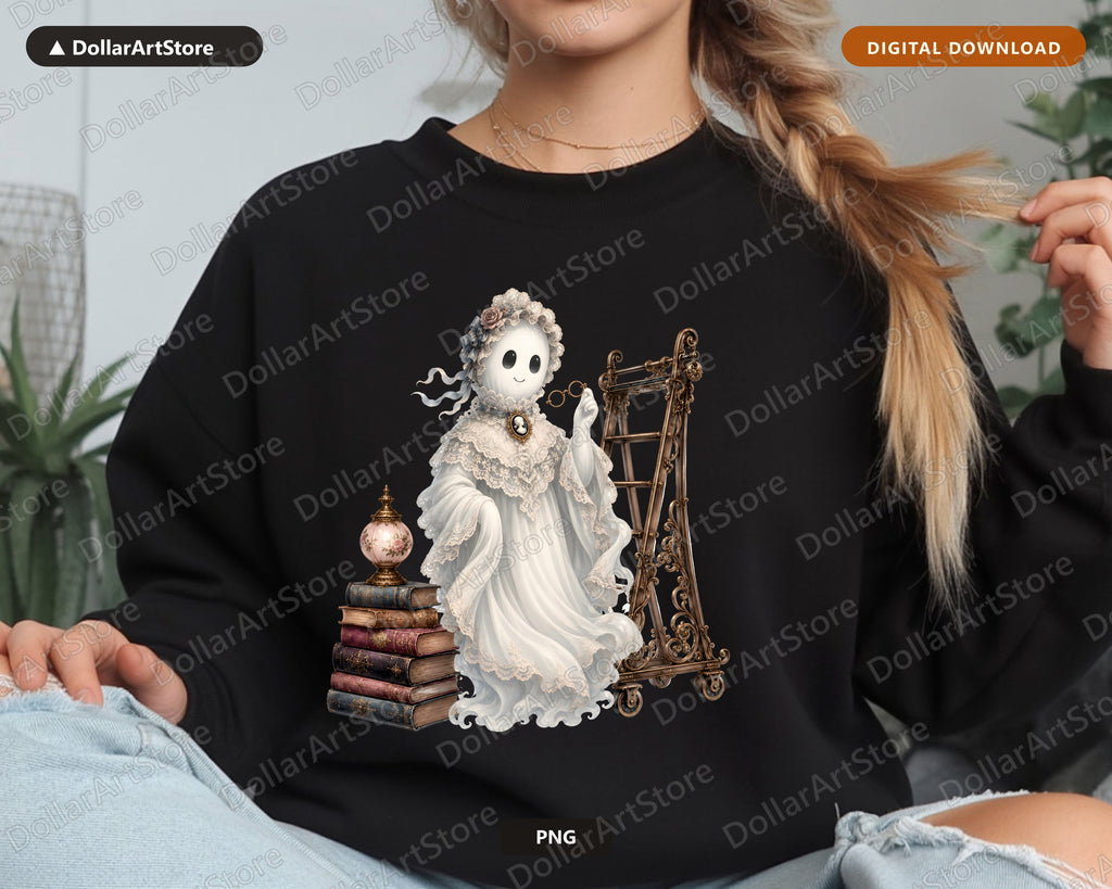 Bookish Ghost PNG, Victorian Steampunk Design, Sublimation Shirt Design Digital Download