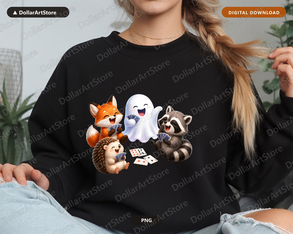 Cute Halloween Ghost & Animals PNG, Sublimation Design, Shirt Design Digital Download