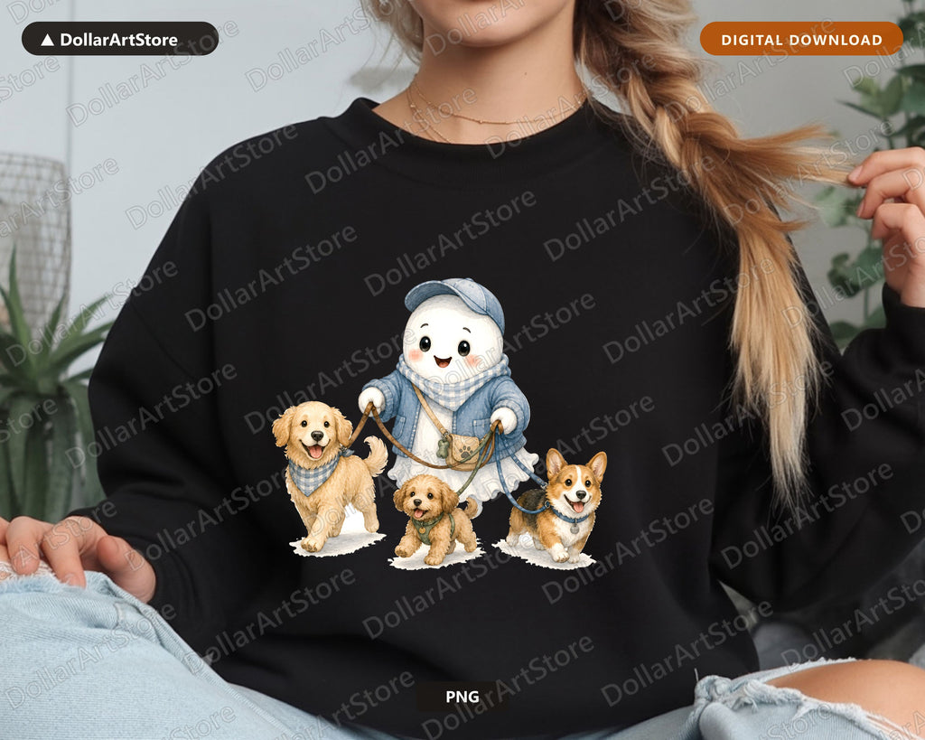 Cute Ghost Walking Dogs PNG, Sublimation Design, Shirt Design Digital Download