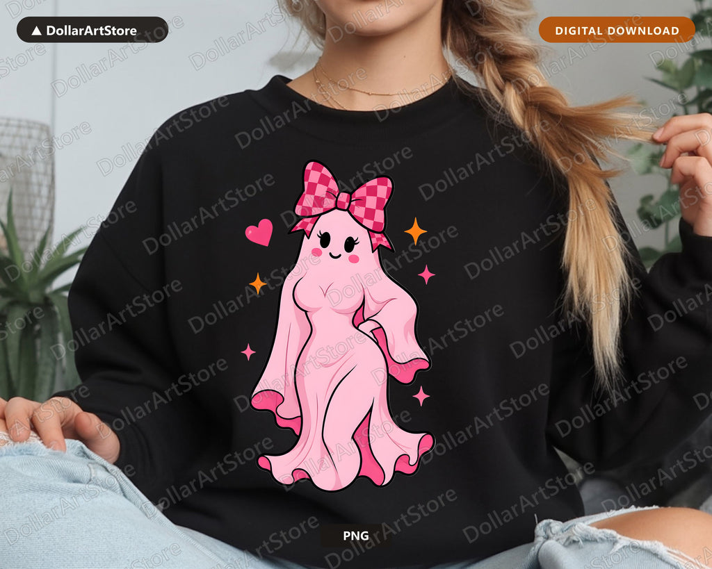 Cute Pink Ghost PNG Sublimation Design, Bow Checkered Shirt Print Digital Download