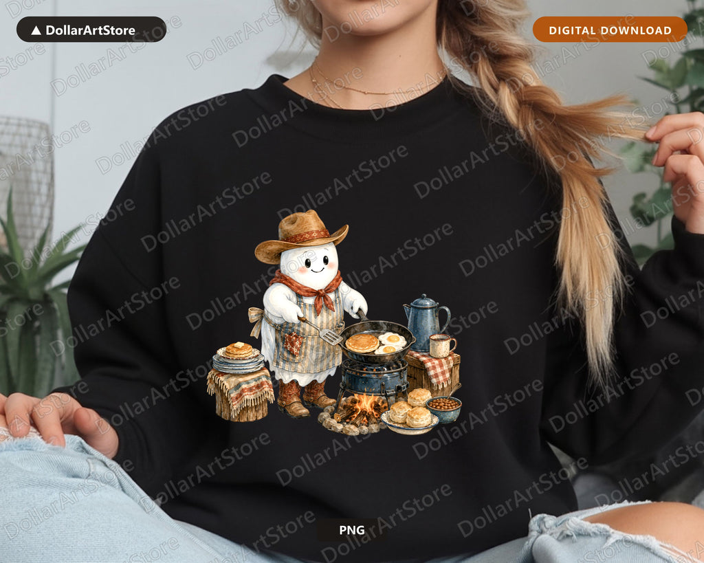 Western Cowboy Ghost PNG, Sublimation Design, Campfire Cooking Digital Download