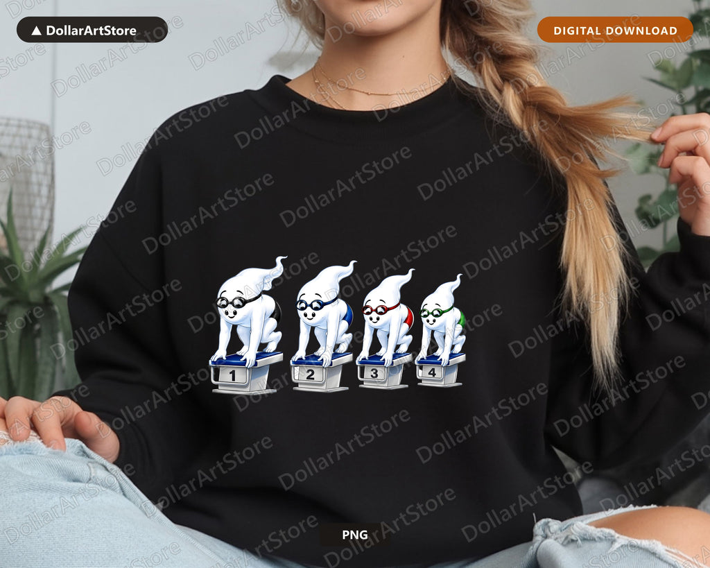 Cute Halloween Ghosts PNG, Swimming Spirits, Sublimation Design, Shirt Digital Download