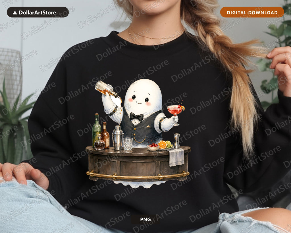 Cute Bartender Ghost PNG, Sublimation Design, Digital Download