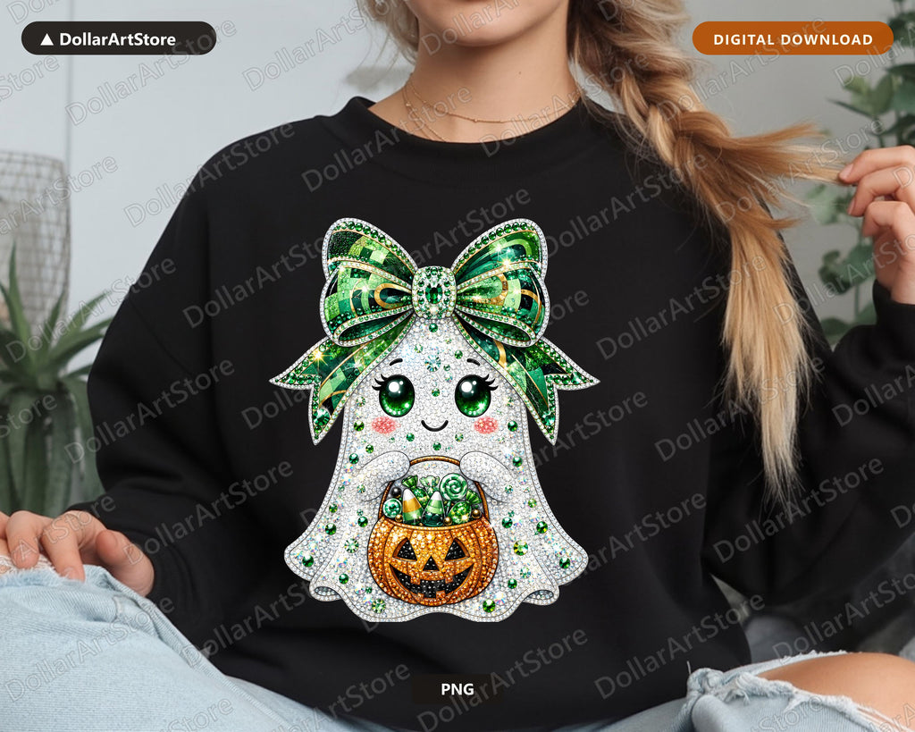 Cute Ghost Girl PNG, Rhinestone Halloween Design, Sublimation Shirt PNG