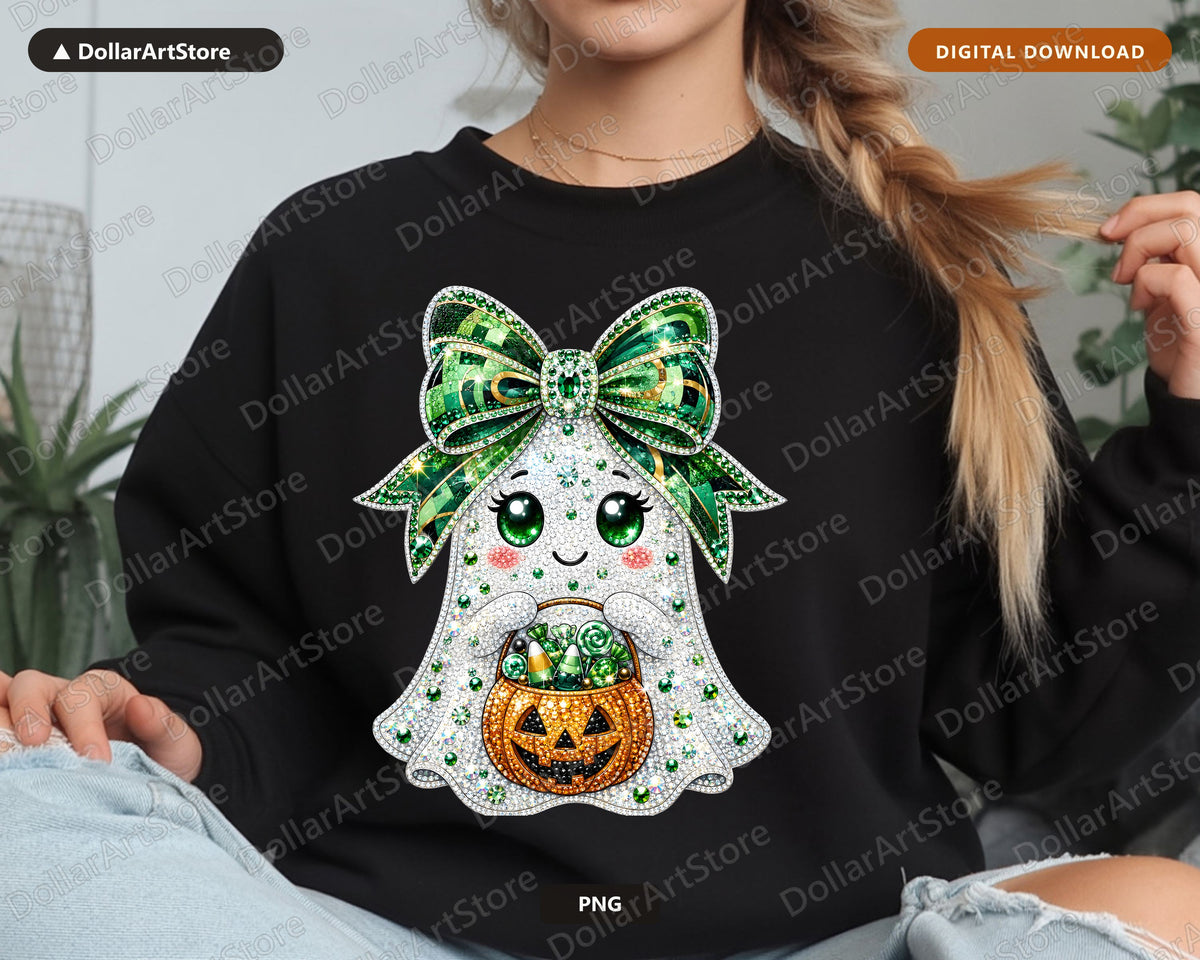 Cute Ghost Girl PNG, Rhinestone Halloween Design, Sublimation Shirt PNG