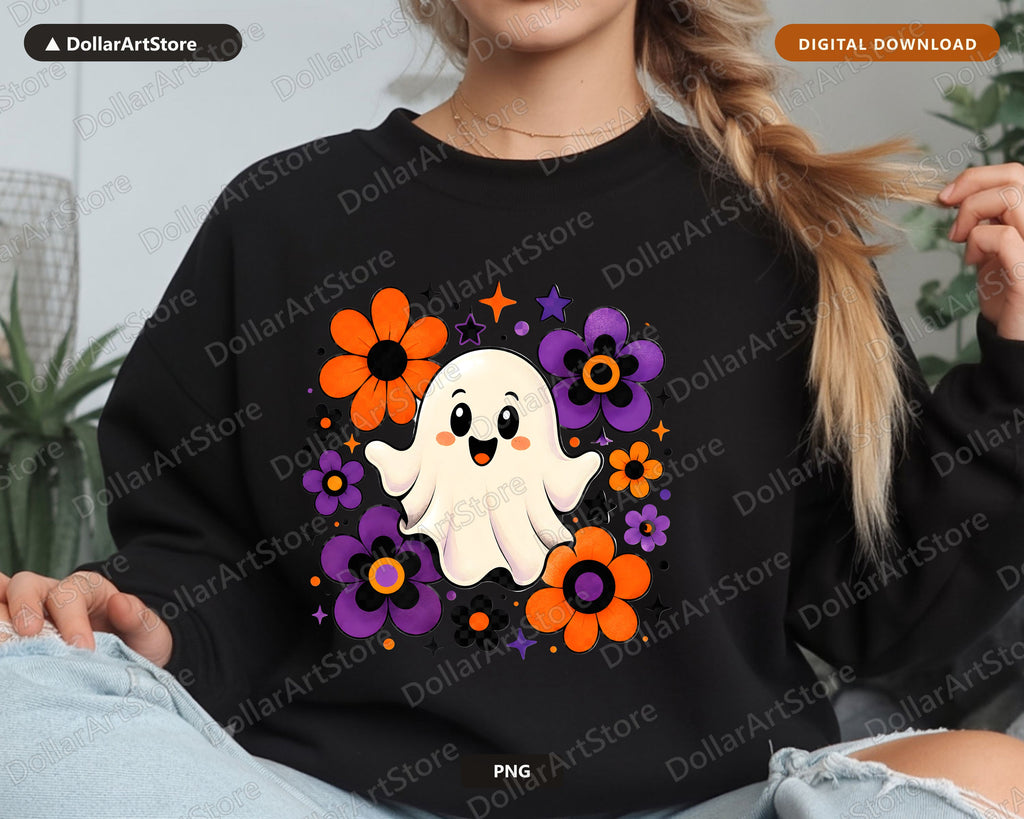 Cute Halloween Ghost PNG, Flower Sublimation Design, Shirt & Tumbler Print