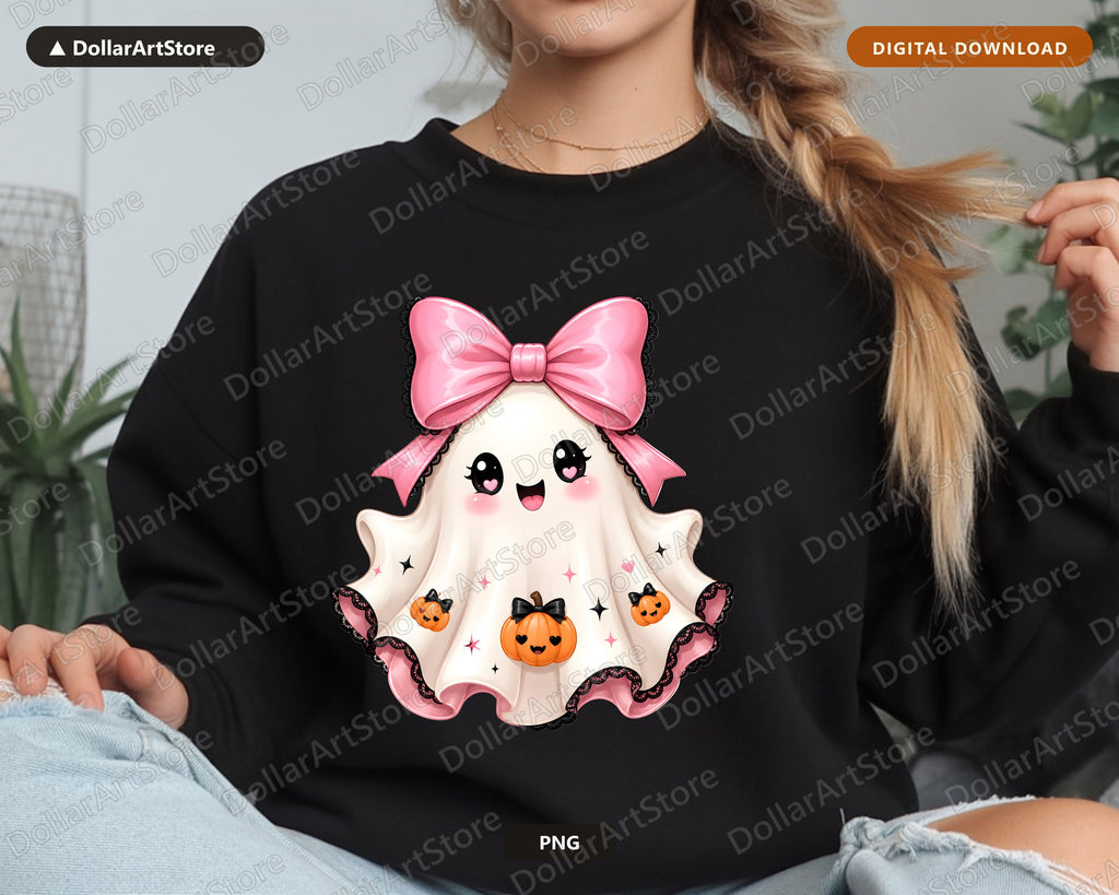 Cute Halloween Ghost PNG, Pink Bow Sublimation Design, Shirt & Tumbler PNG