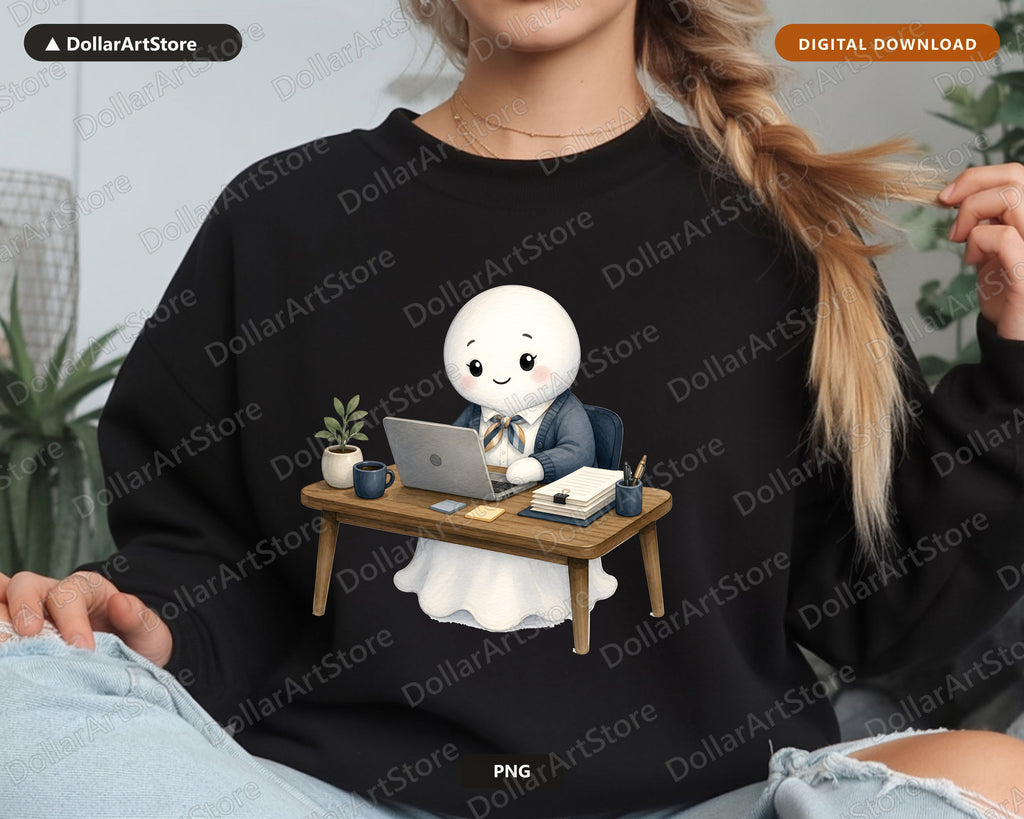 Cute Office Ghost PNG, Sublimation Design, Work From Home Shirt Design Digital Download