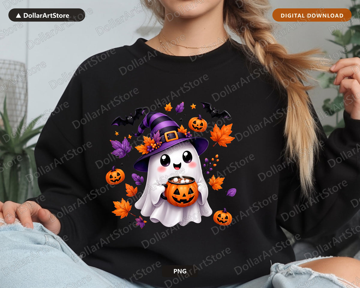 Cute Halloween Ghost PNG, Witch Hat Design, Sublimation Shirt Print