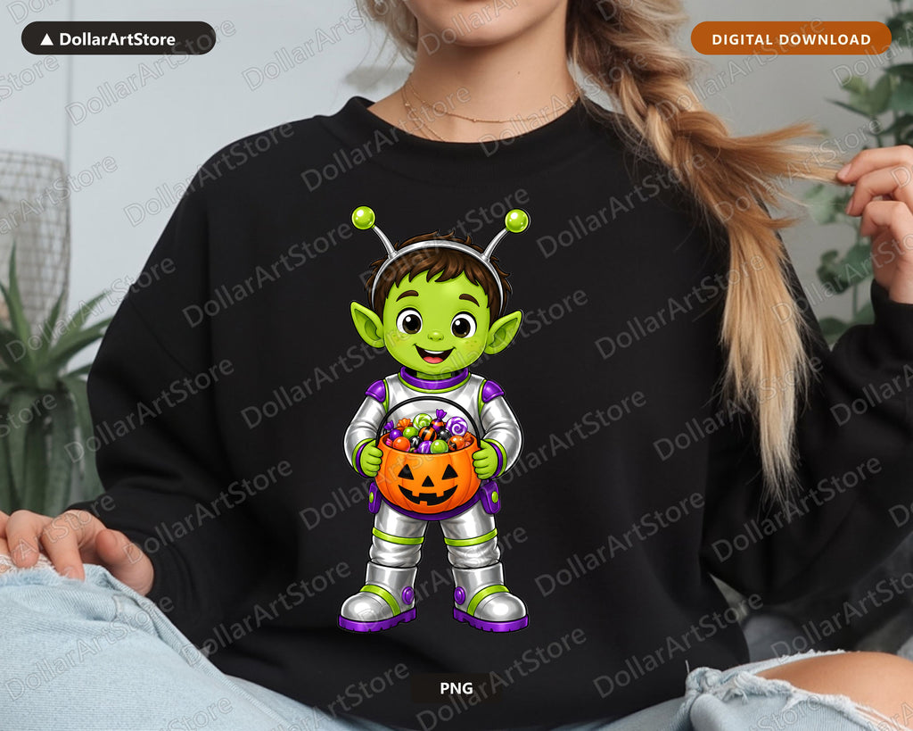 Cute Alien Trick-or-Treat Halloween PNG, Kids Costume Design, Digital Download
