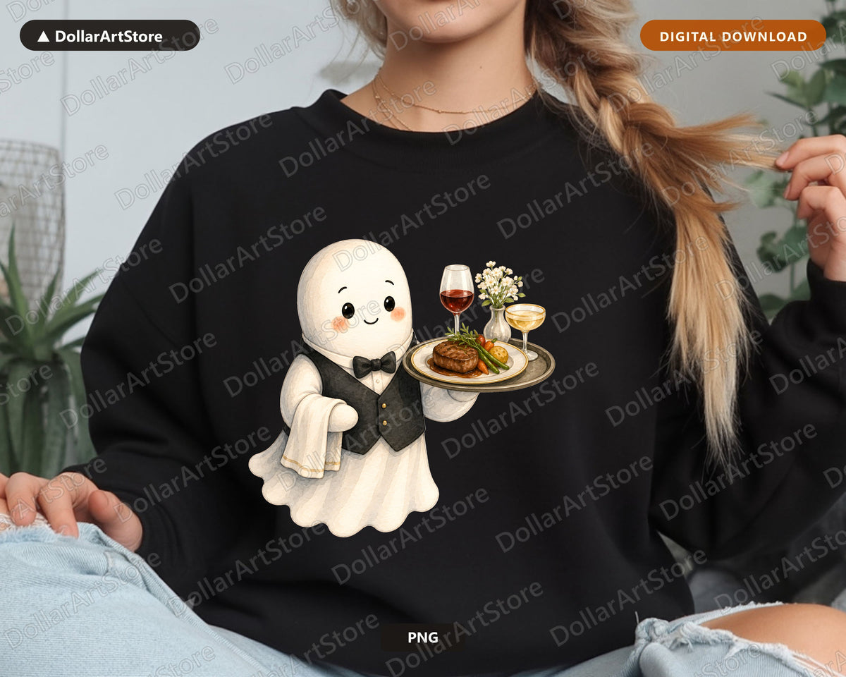 Cute Ghost Waiter PNG, Sublimation Design, Shirt Design Digital Download