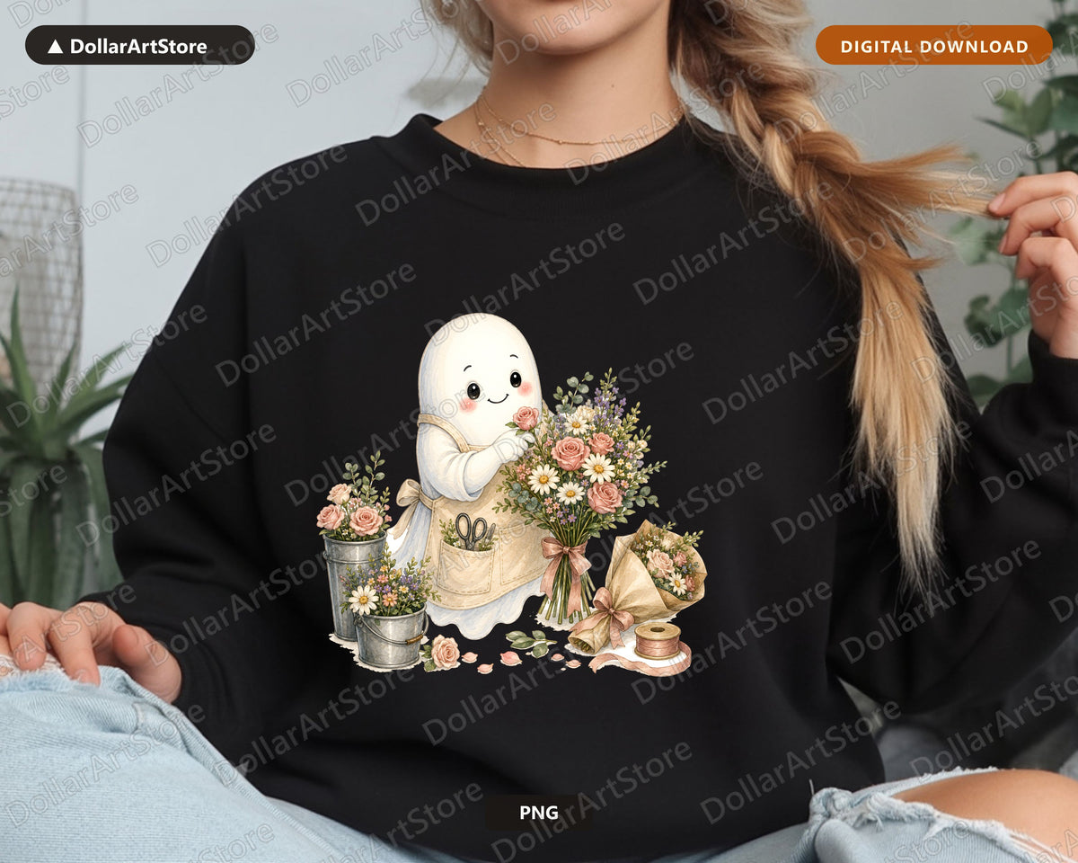 Cute Ghost PNG Sublimation Design, Florist Ghost Shirt, POD Digital Download