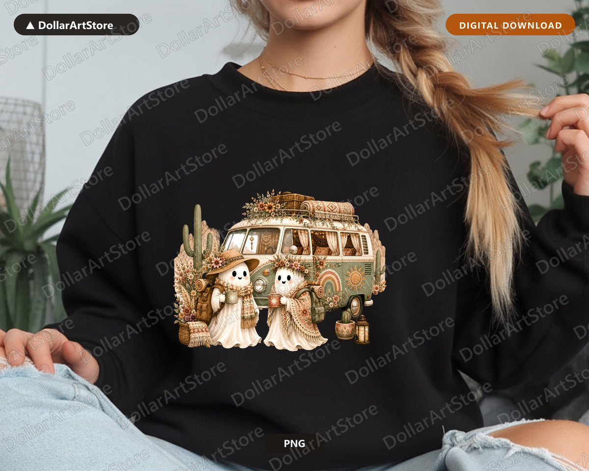 Boho Ghost PNG Sublimation Design, Vintage Van Shirt Print, Digital Download