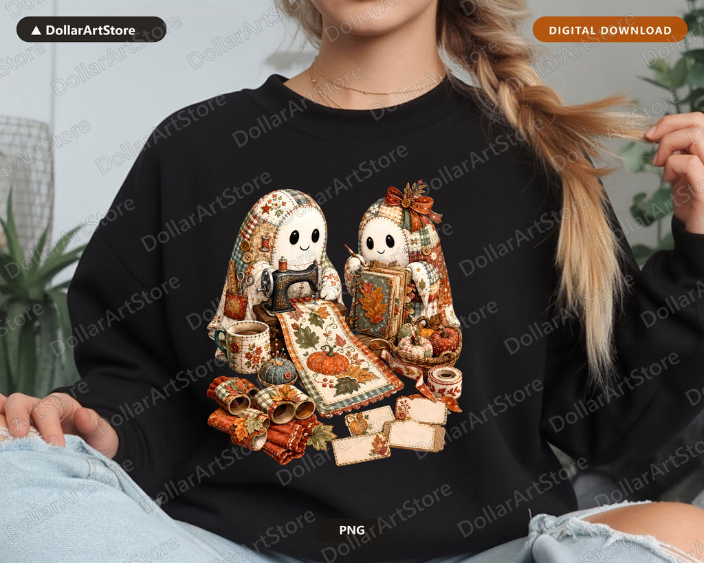 Crafting Ghosts PNG, Autumn Sewing Design, Sublimation Digital Download