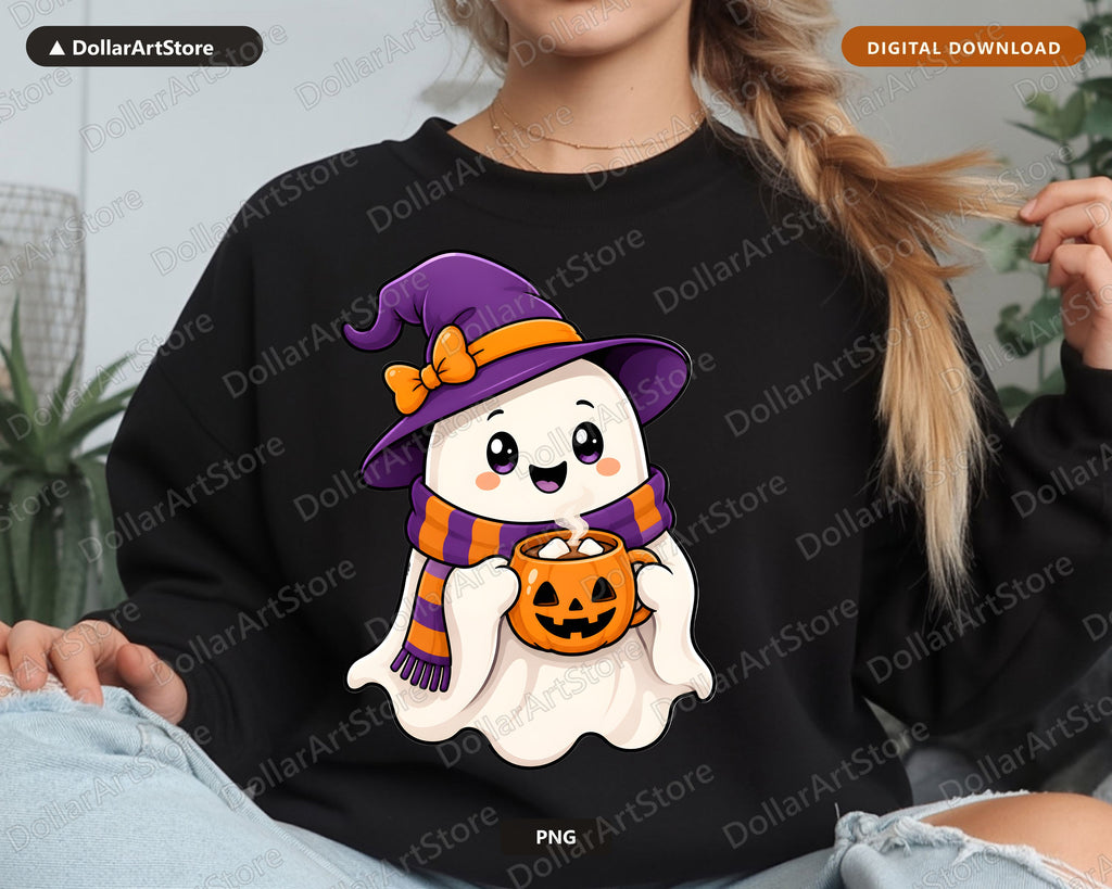 Cute Halloween Ghost PNG, Witch Hat Design, Sublimation Shirt Download