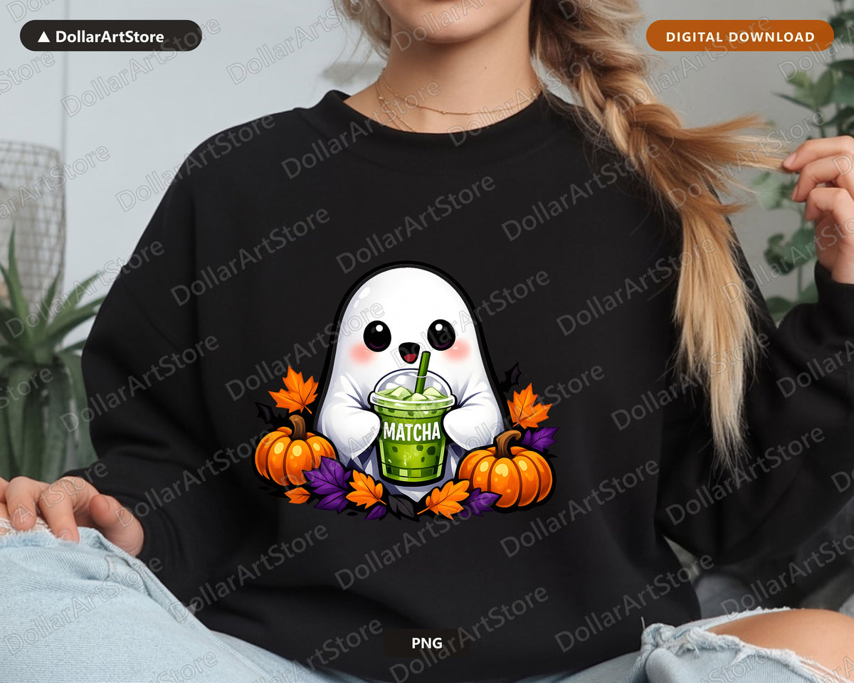 Cute Ghost Matcha PNG, Halloween Sublimation Design, Shirt & Tumbler Print