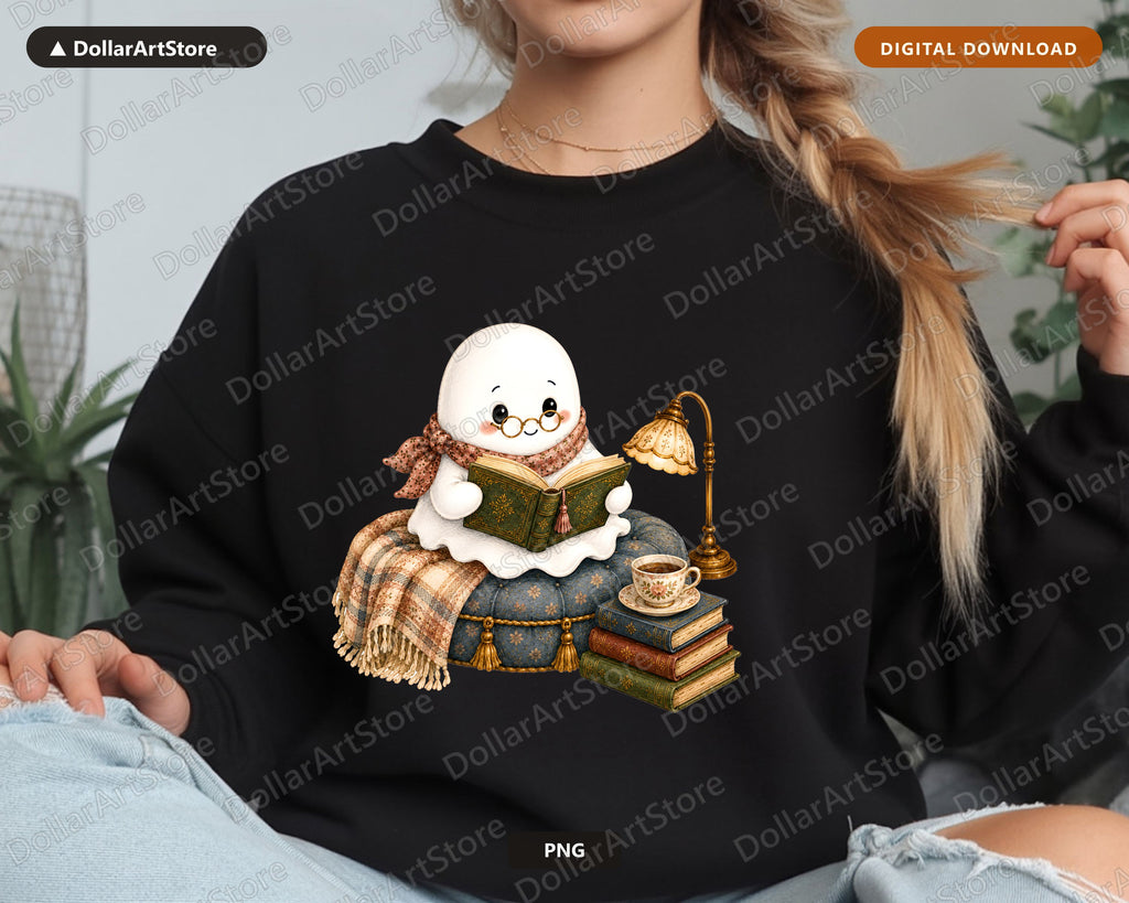 Cozy Ghost PNG, Reading Illustration, Sublimation Design Digital Download