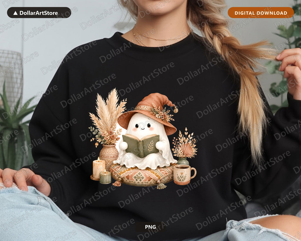 Bookish Ghost PNG, Autumn Reading Sublimation Design, Fall Shirt Design