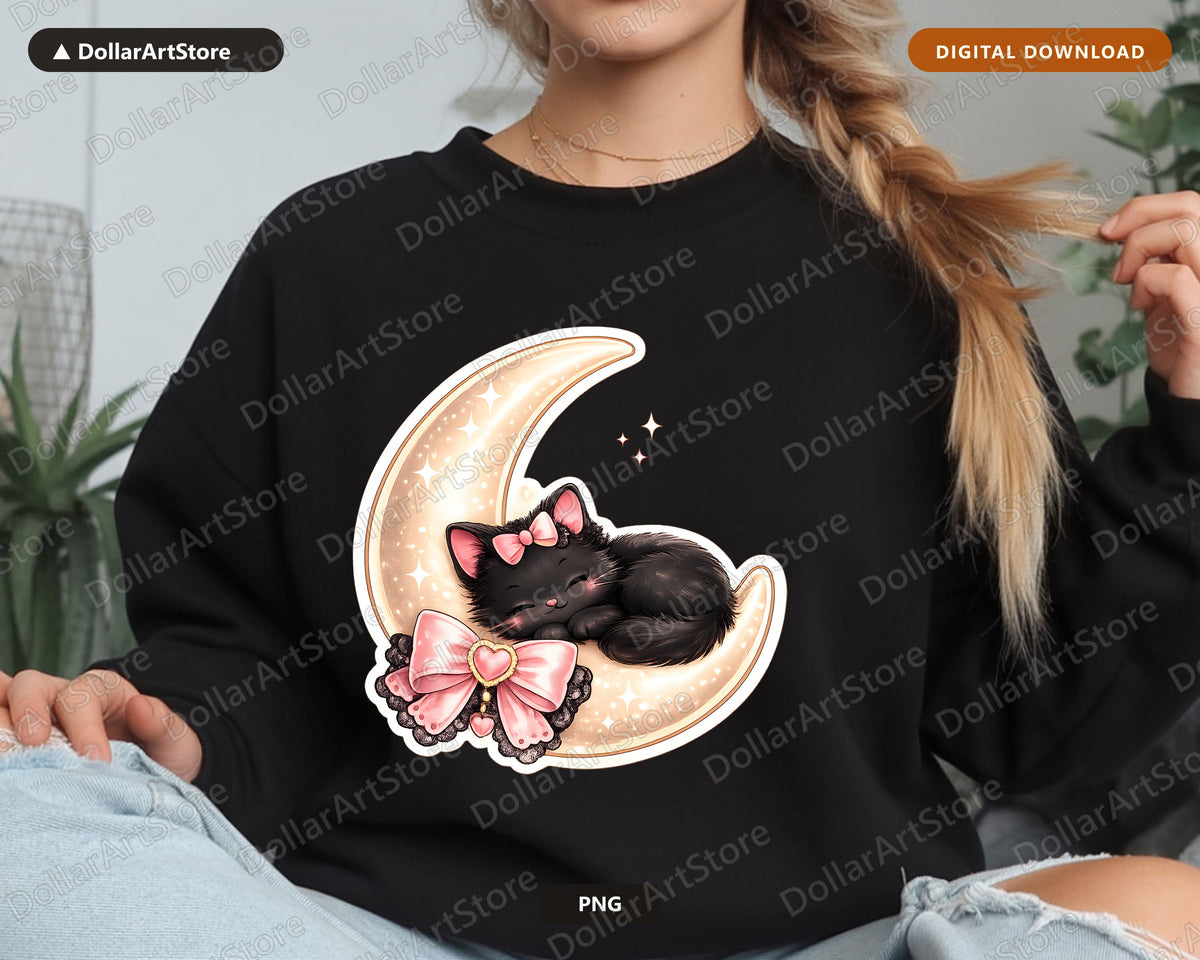 Coquette Black Cat Moon PNG, Sublimation Design, Shirt Design Digital Download