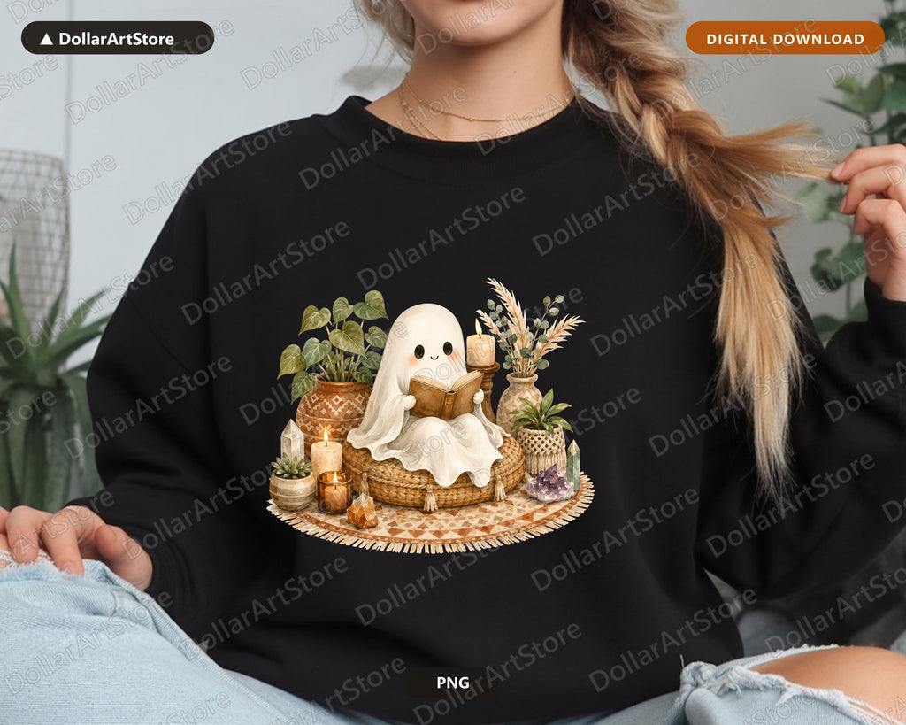 Boho Ghost PNG, Witchy Sublimation Design, Cozy Halloween Shirt Print