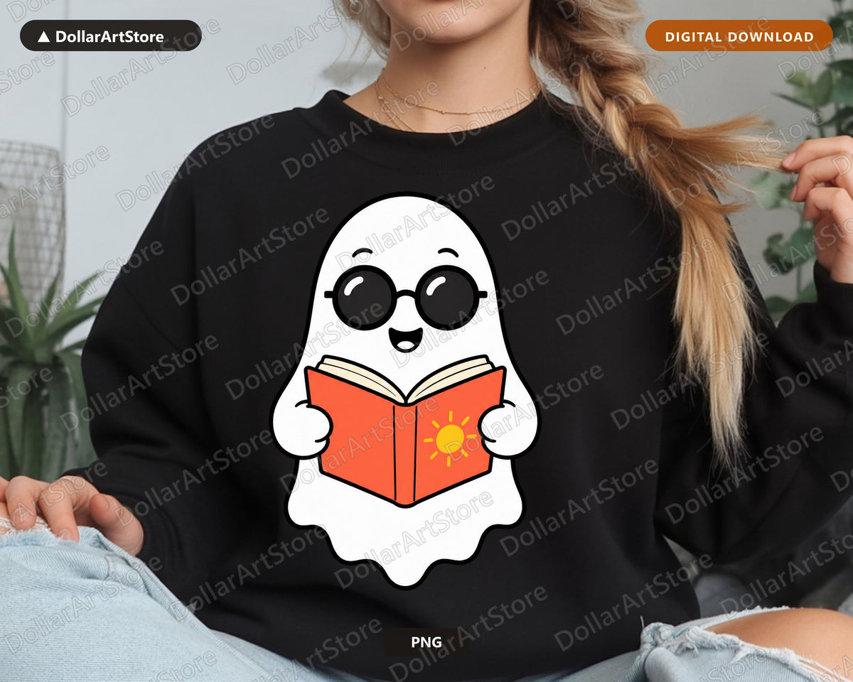 Bookish Ghost PNG, Cute Reading Character, Sublimation Design Digital Download