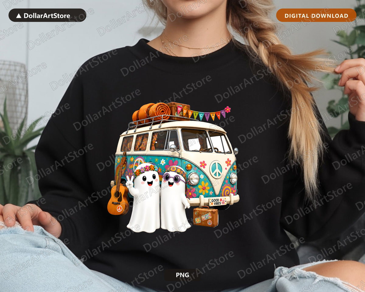 Cute Halloween Ghost PNG, Groovy VW Van, Sublimation Design, Shirt & Tumbler