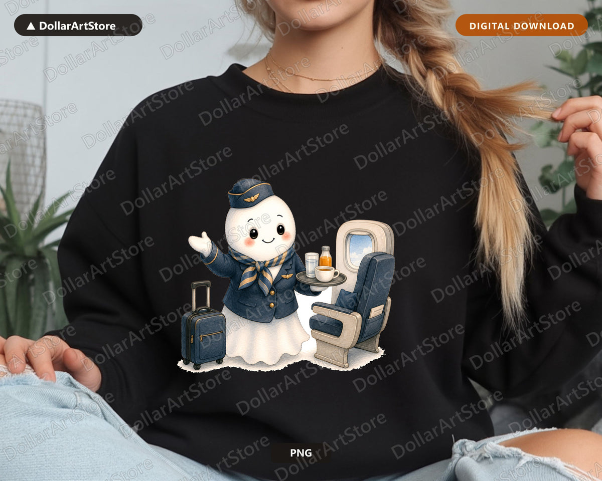 Flight Attendant Ghost PNG, Sublimation Design, Cute Character Digital Download