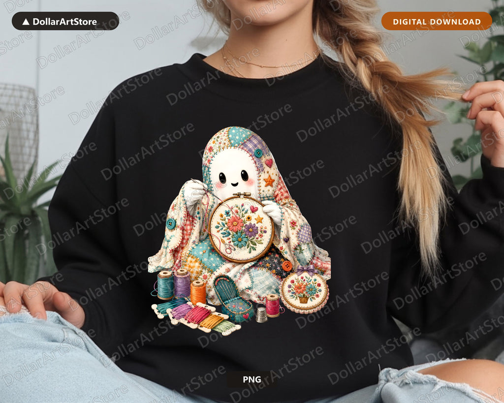 Crafting Ghost PNG, Embroidery Art Sublimation Design, Cute Ghost Shirt PNG