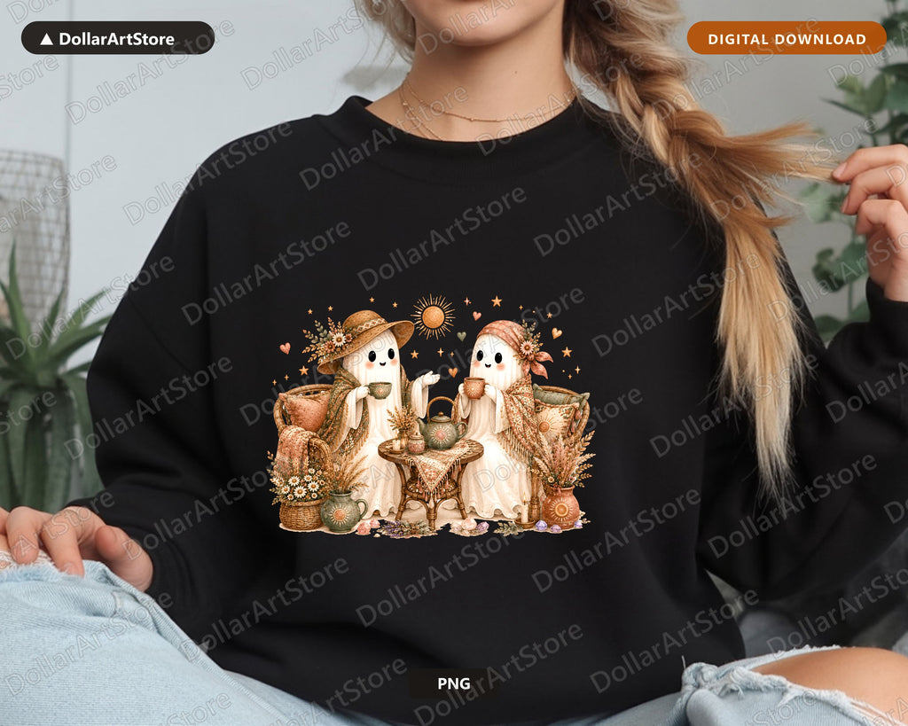 Cute Ghost PNG, Autumn Tea Party, Sublimation Design for Shirts