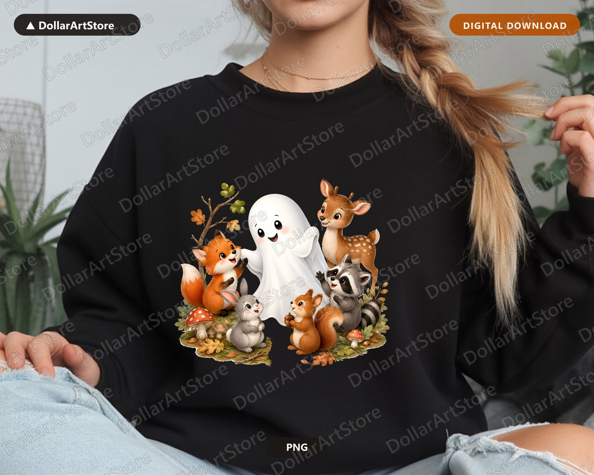 Cute Halloween Ghost PNG, Woodland Animals Sublimation Design, Shirt Print Digital Download