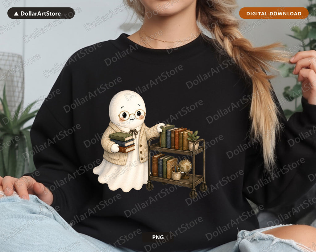 Bookworm Ghost PNG, Sublimation Design, Cute Library Shirt Design Digital Download