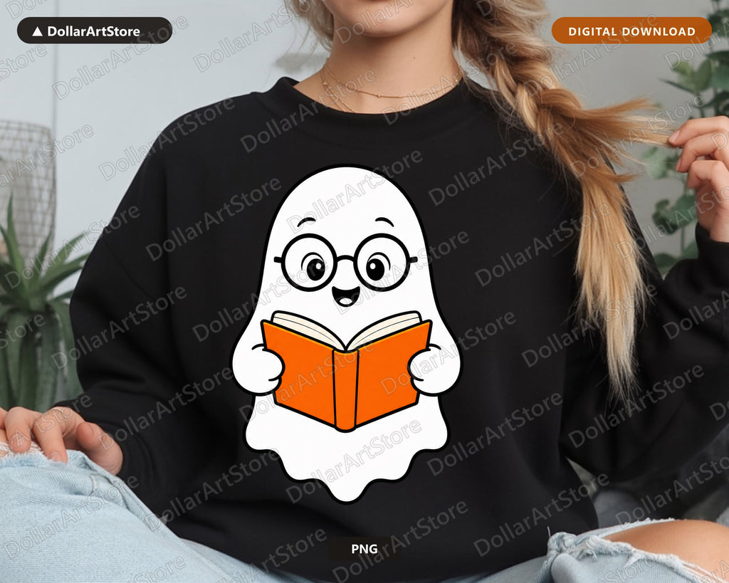 Bookish Ghost PNG, Cute Reading Character, Sublimation Design Digital Download