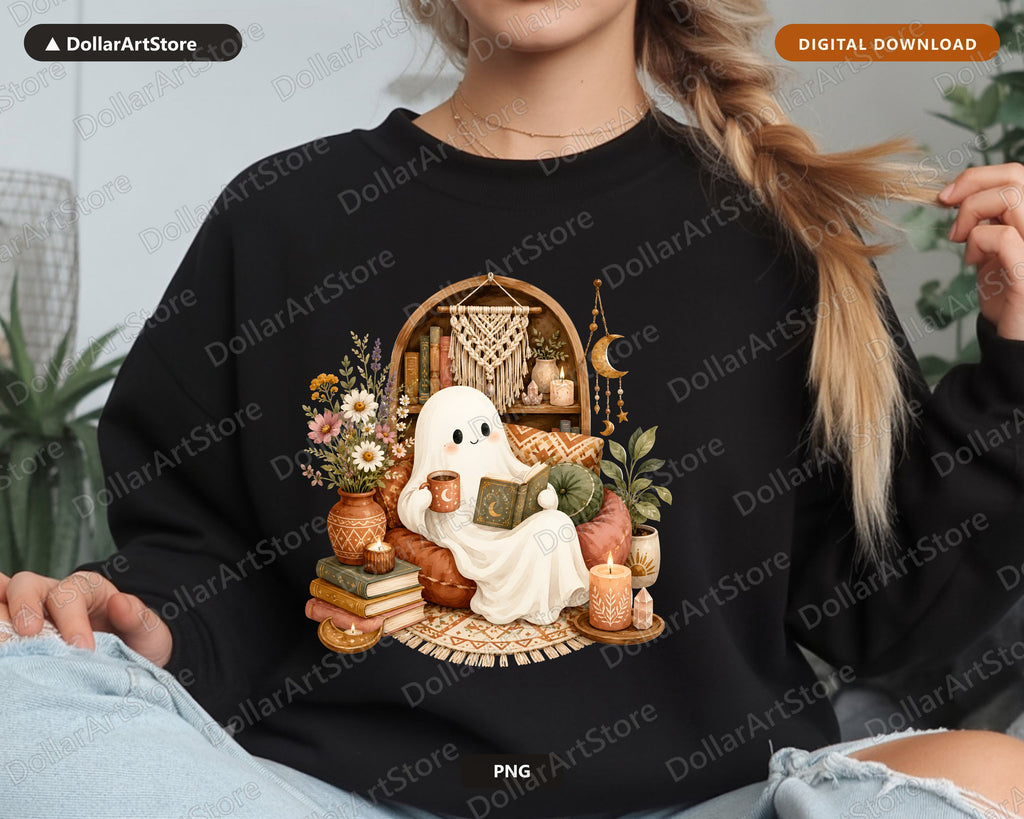 Bookish Ghost PNG, Cozy Reading Design, Sublimation PNG Digital Download