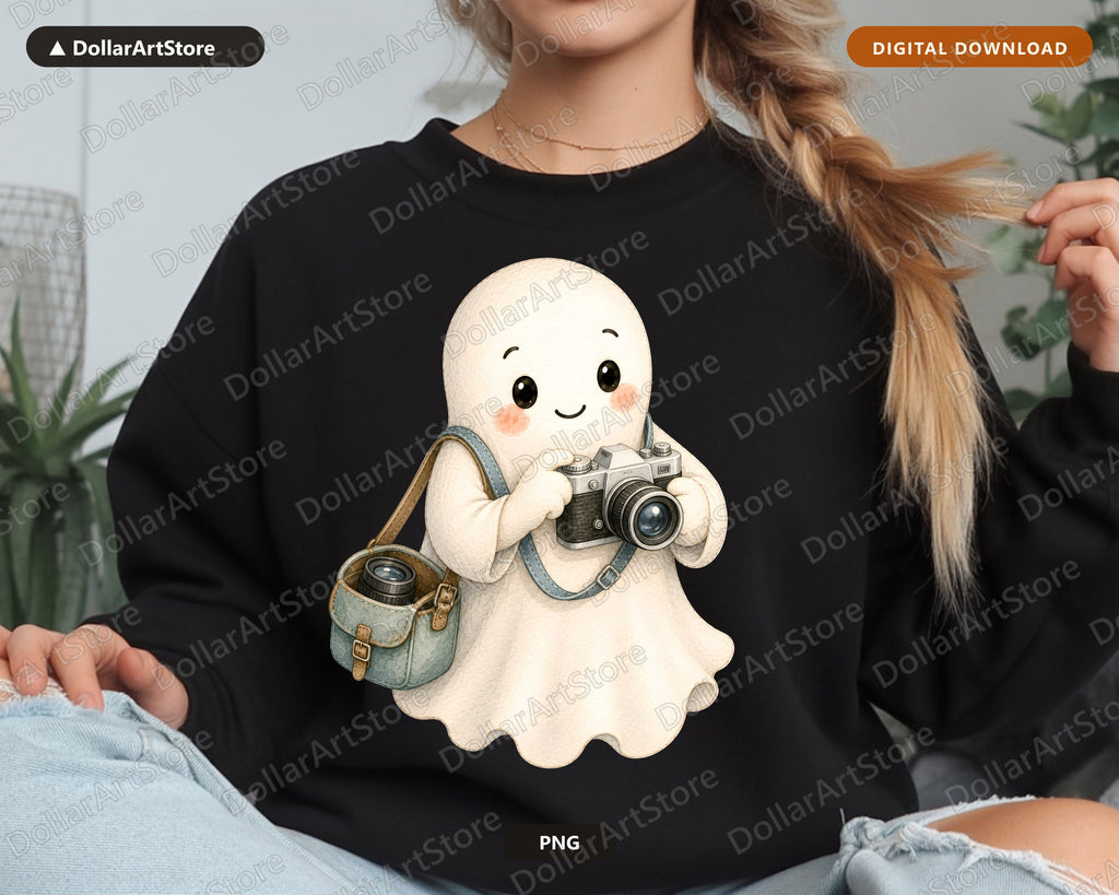 Cute Ghost PNG, Photographer Camera Design, Sublimation Shirt PNG