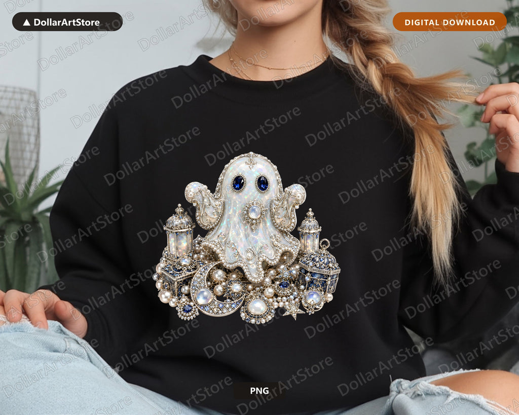 Gothic Jeweled Ghost PNG, Sublimation Design, Halloween Shirt Design Digital Download