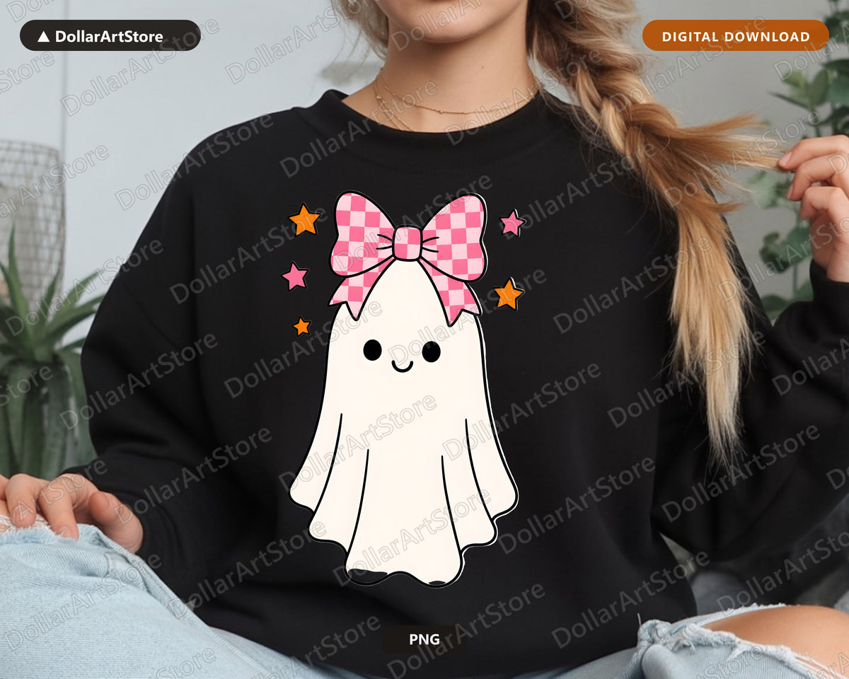 Cute Ghost PNG with Pink Bow, Halloween Sublimation Design, Digital Download